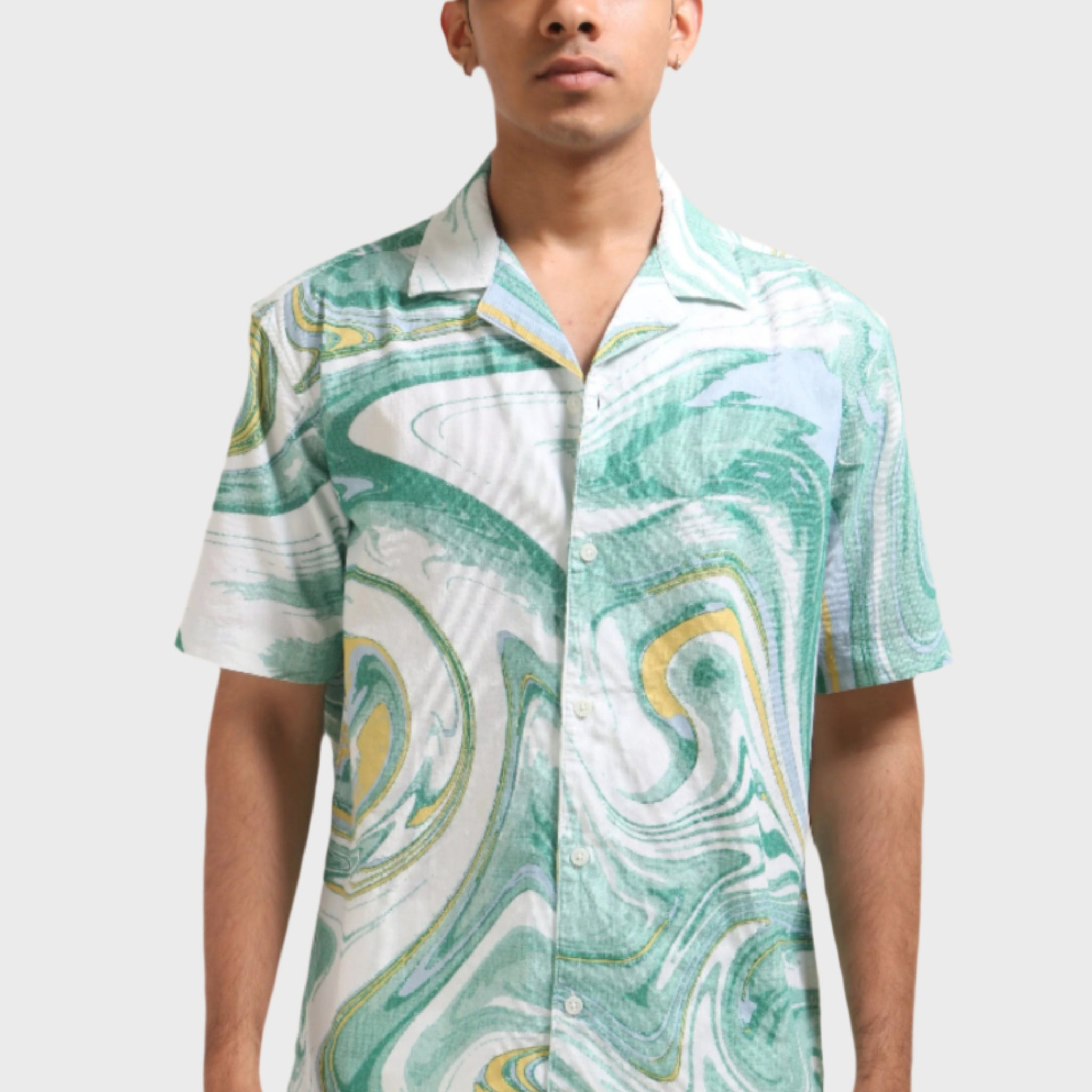 XKIND GREEN FINE CORDUROY DROP SHOULDER PRINTED RELAXED FIT SHIRT - XKIND