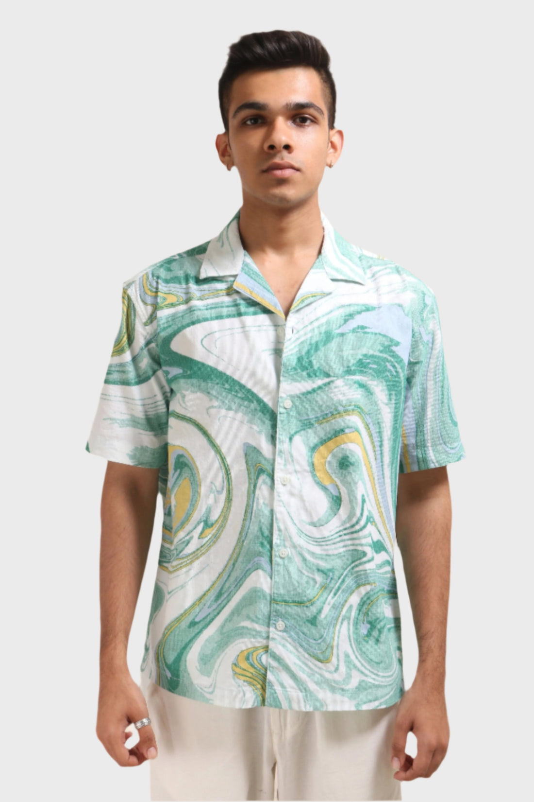 XKIND GREEN FINE CORDUROY DROP SHOULDER PRINTED RELAXED FIT SHIRT - XKIND