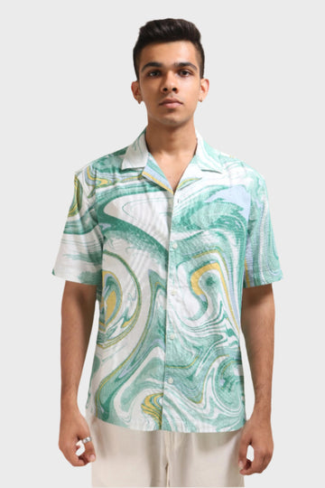 XKIND GREEN FINE CORDUROY DROP SHOULDER PRINTED RELAXED FIT SHIRT - XKIND