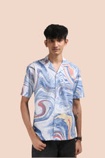 XKIND BLUE FINE CORDUROY DROP SHOULDER PRINTED RELAXED FIT SHIRT - XKIND