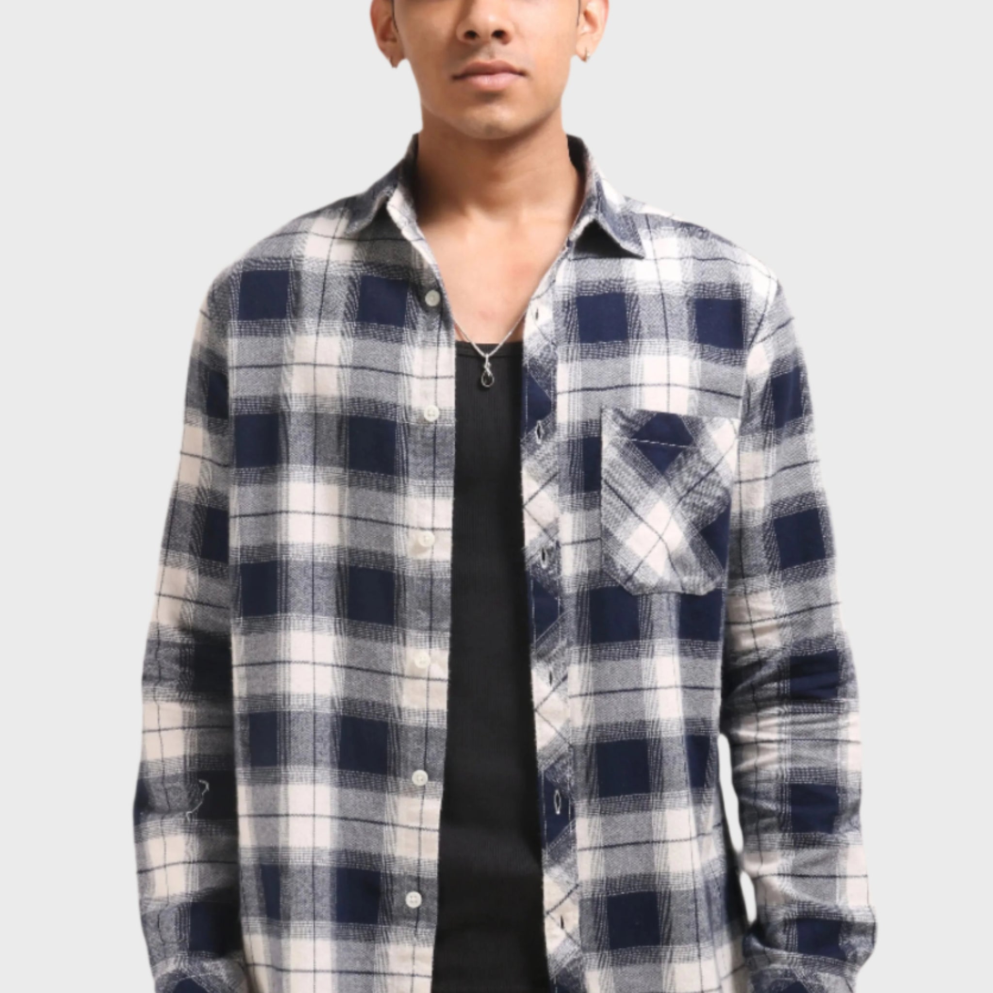 XKIND NAVY BLUE FLANNEL CHECKS REGULAR FIT SHIRT - XKIND