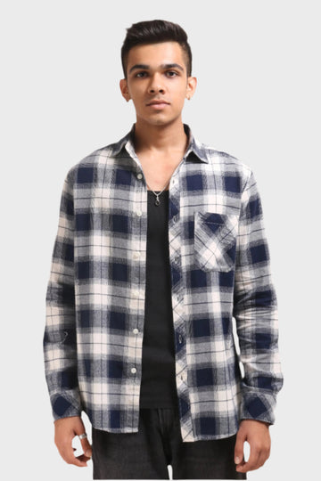 XKIND NAVY BLUE FLANNEL CHECKS REGULAR FIT SHIRT - XKIND