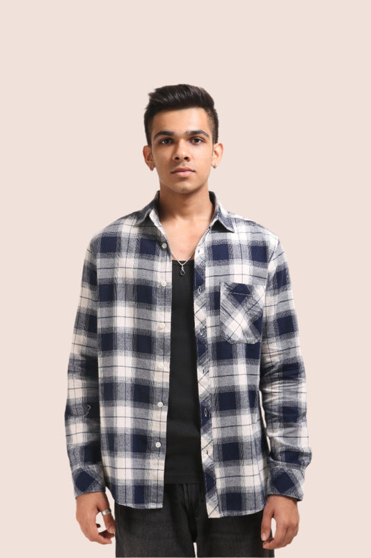 XKIND NAVY BLUE FLANNEL CHECKS REGULAR FIT SHIRT - XKIND