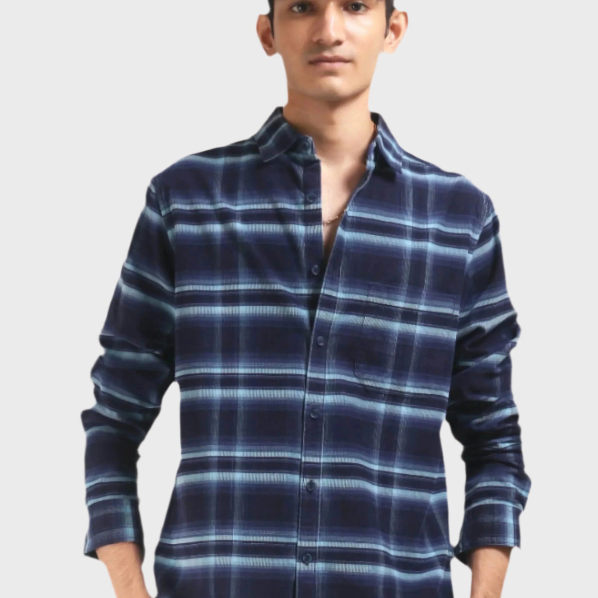 XKIND NAVY BLUE FINE CORDUROY CHECKS REGULAR FIT SHIRT - XKIND