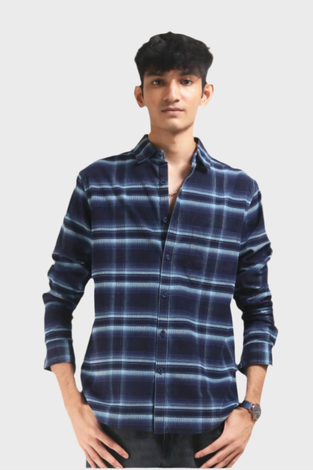 XKIND NAVY BLUE FINE CORDUROY CHECKS REGULAR FIT SHIRT - XKIND