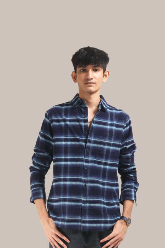 XKIND NAVY BLUE FINE CORDUROY CHECKS REGULAR FIT SHIRT - XKIND