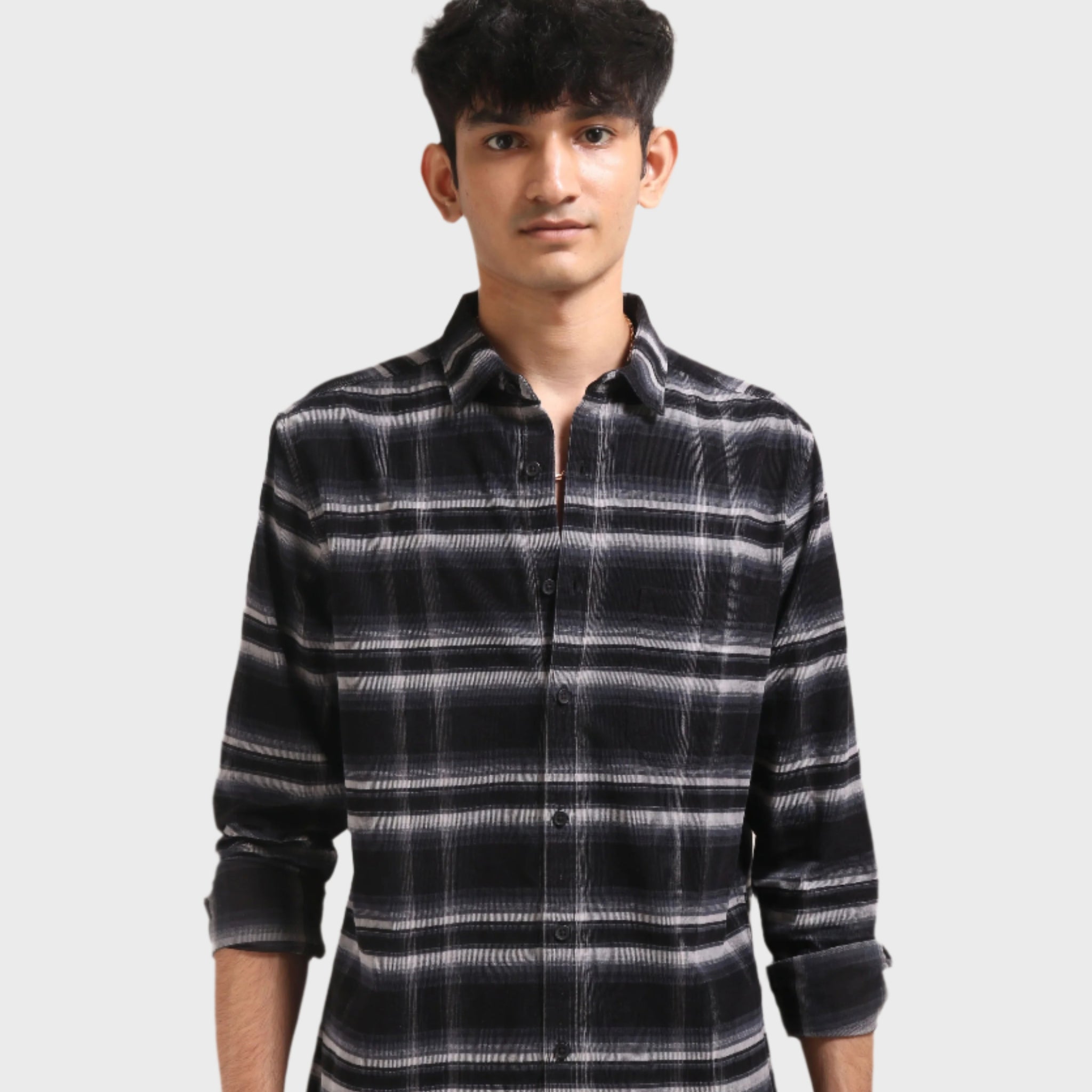 XKIND BLACK FINE CORDUROY CHECKS REGULAR FIT SHIRT - XKIND