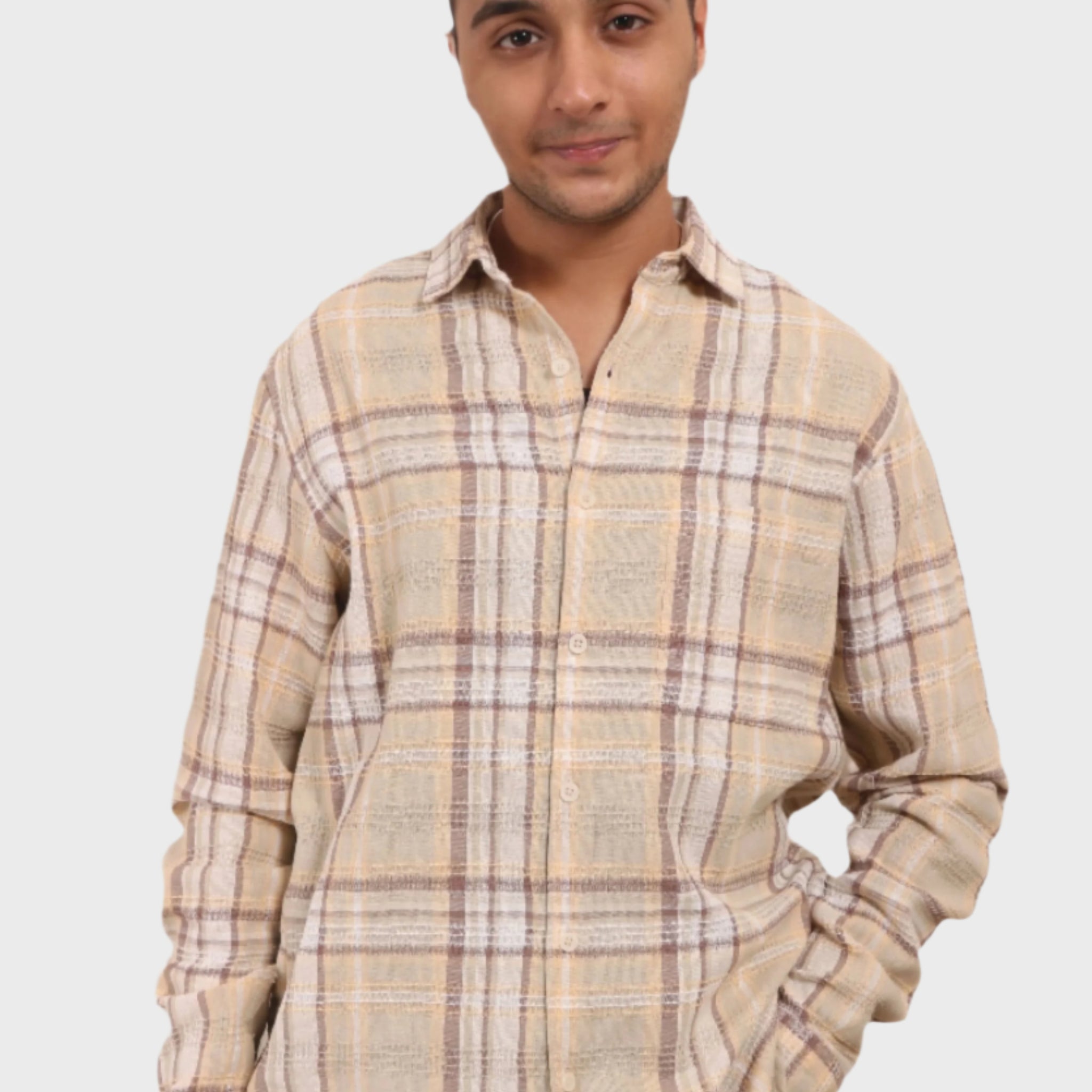 XKIND OCHRE TEXTURED CHECKS REGULAR FIT SHIRT - XKIND