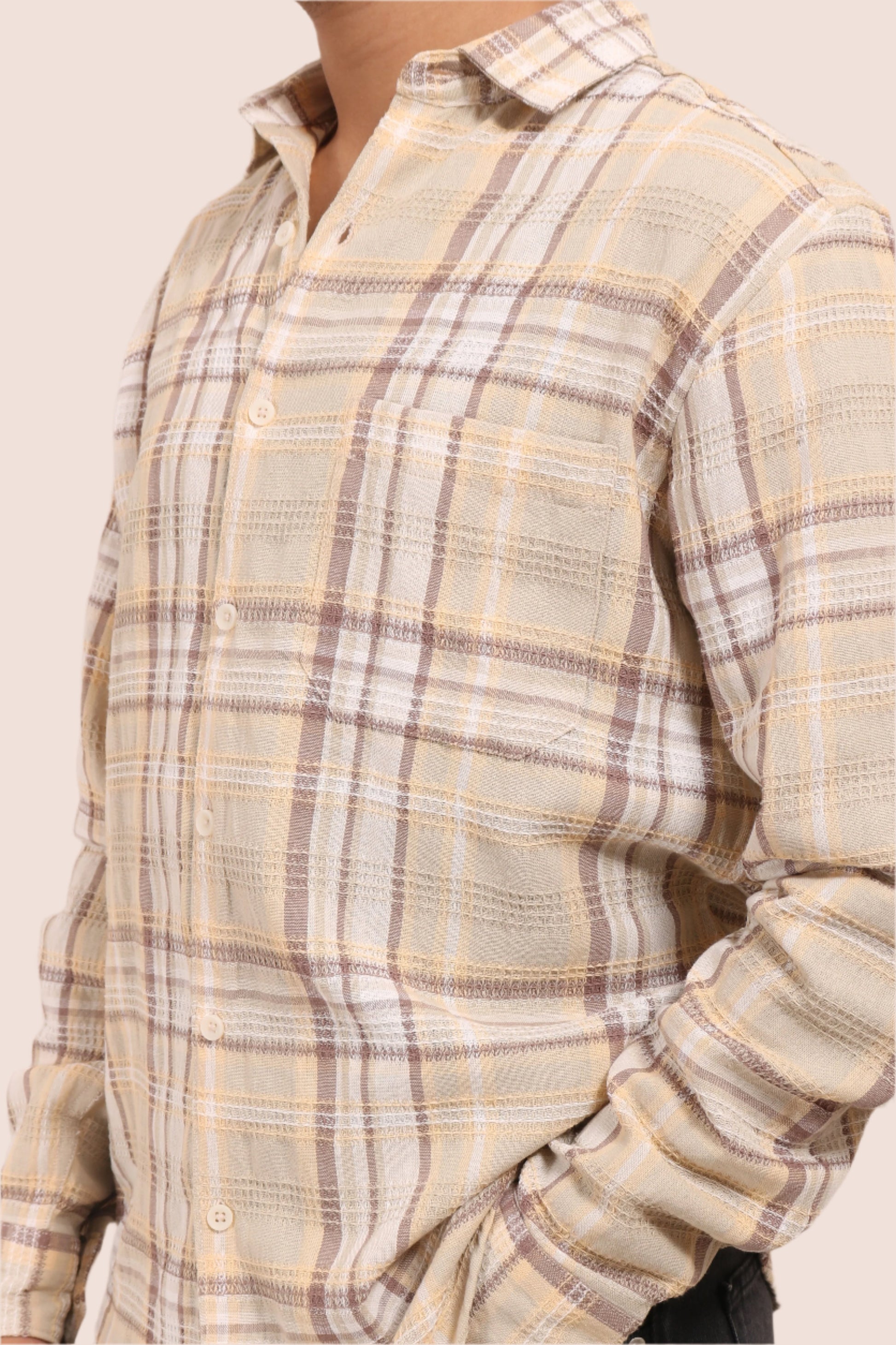 XKIND OCHRE TEXTURED CHECKS REGULAR FIT SHIRT - XKIND