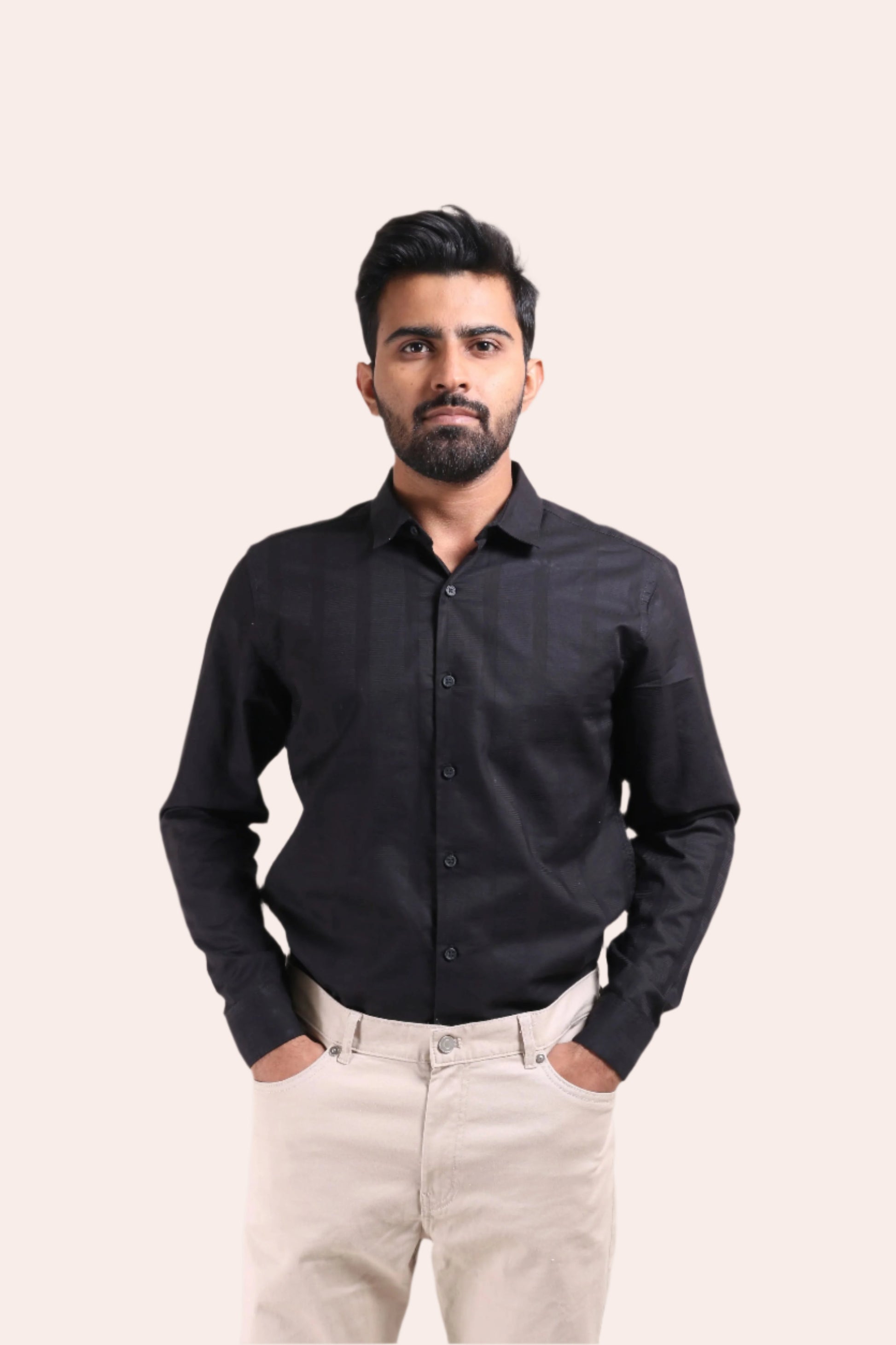 XKIND MEN'S BLACK DOBBY SRTIPE SLIM FIT SHIRT