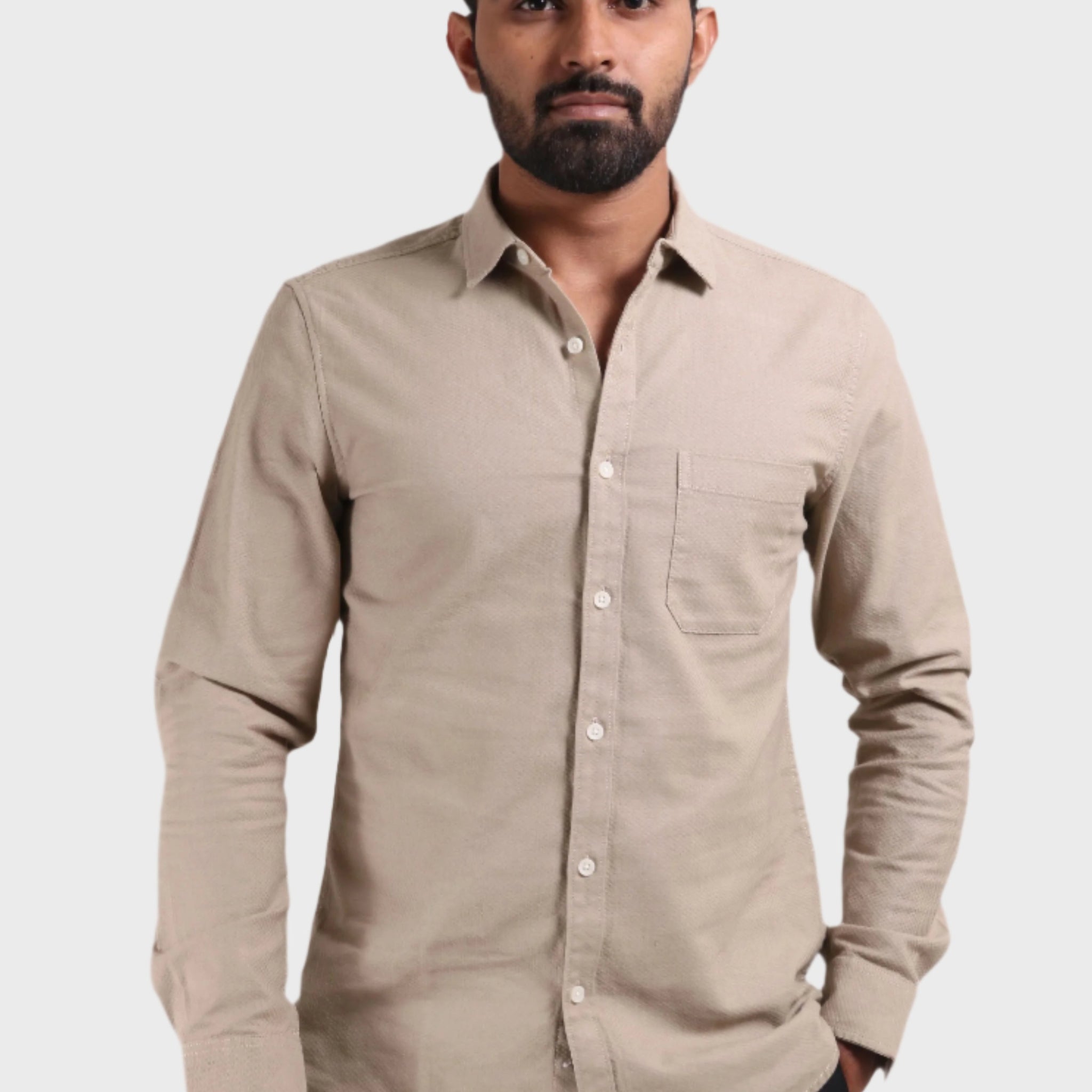 XKIND MEN'S BEIGE TEXTURED SLIM FIT SHIRT