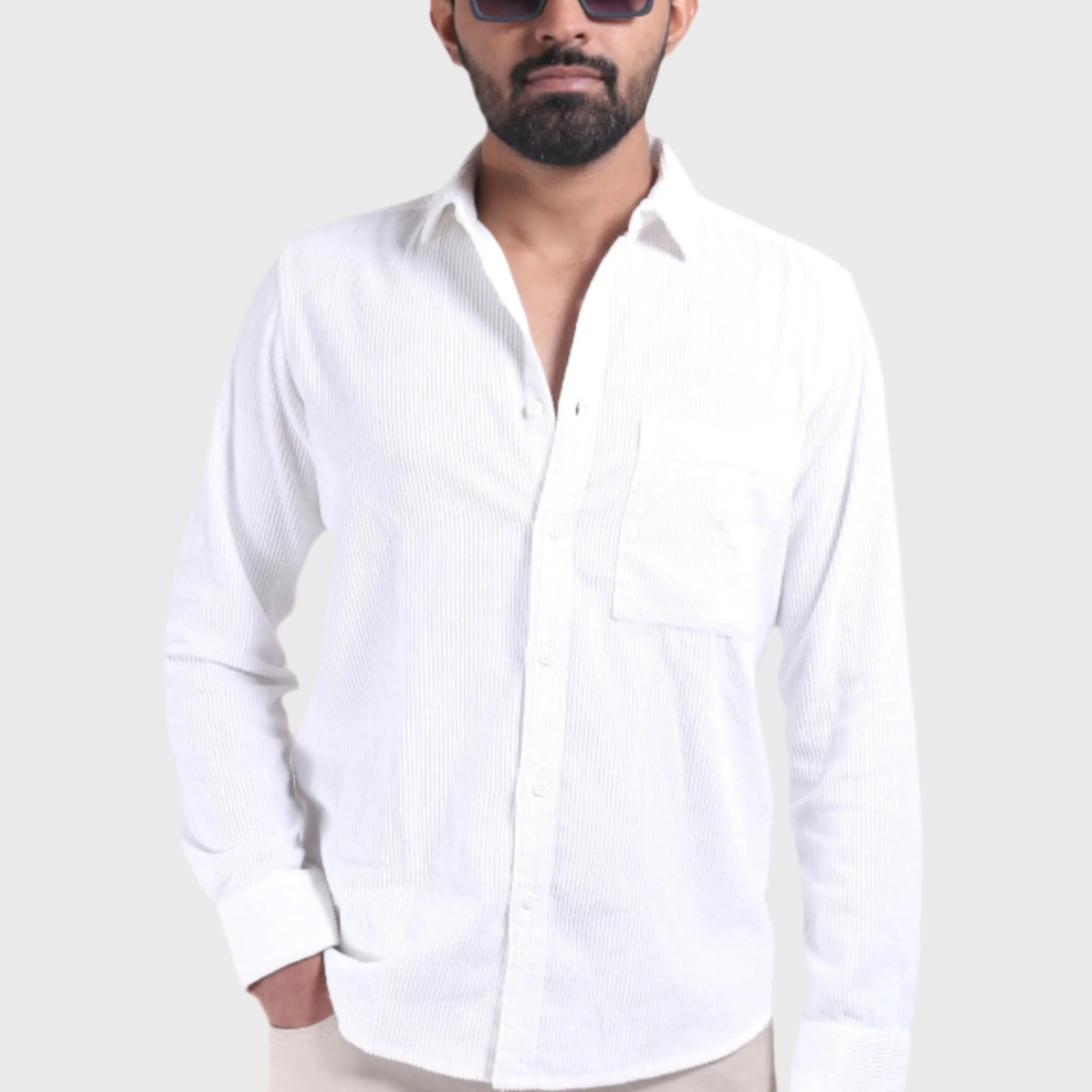 XKIND MEN'S WHITE CORDUROY REGULAR FIT SHIRT