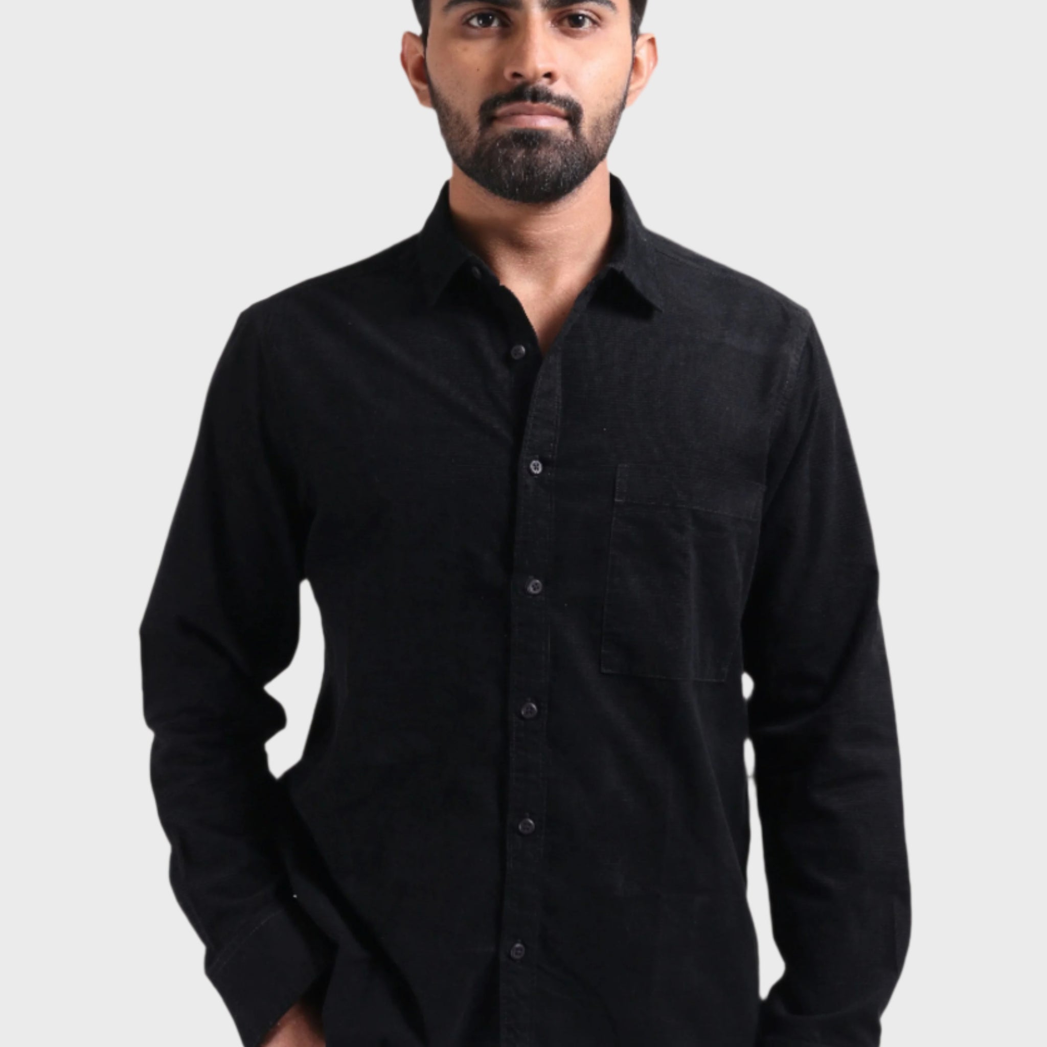 XKIND MEN'S BLACK FINE CORDUROY REGULAR FIT SHIRT