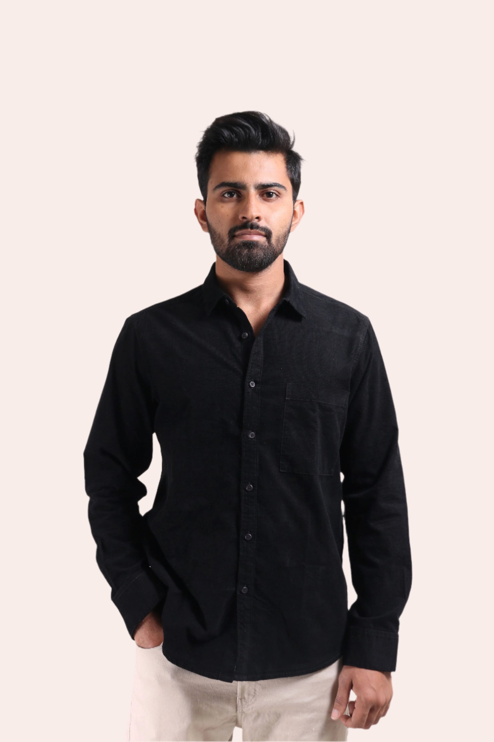 XKIND MEN'S BLACK CORDUROY REGULAR FIT SHIRT