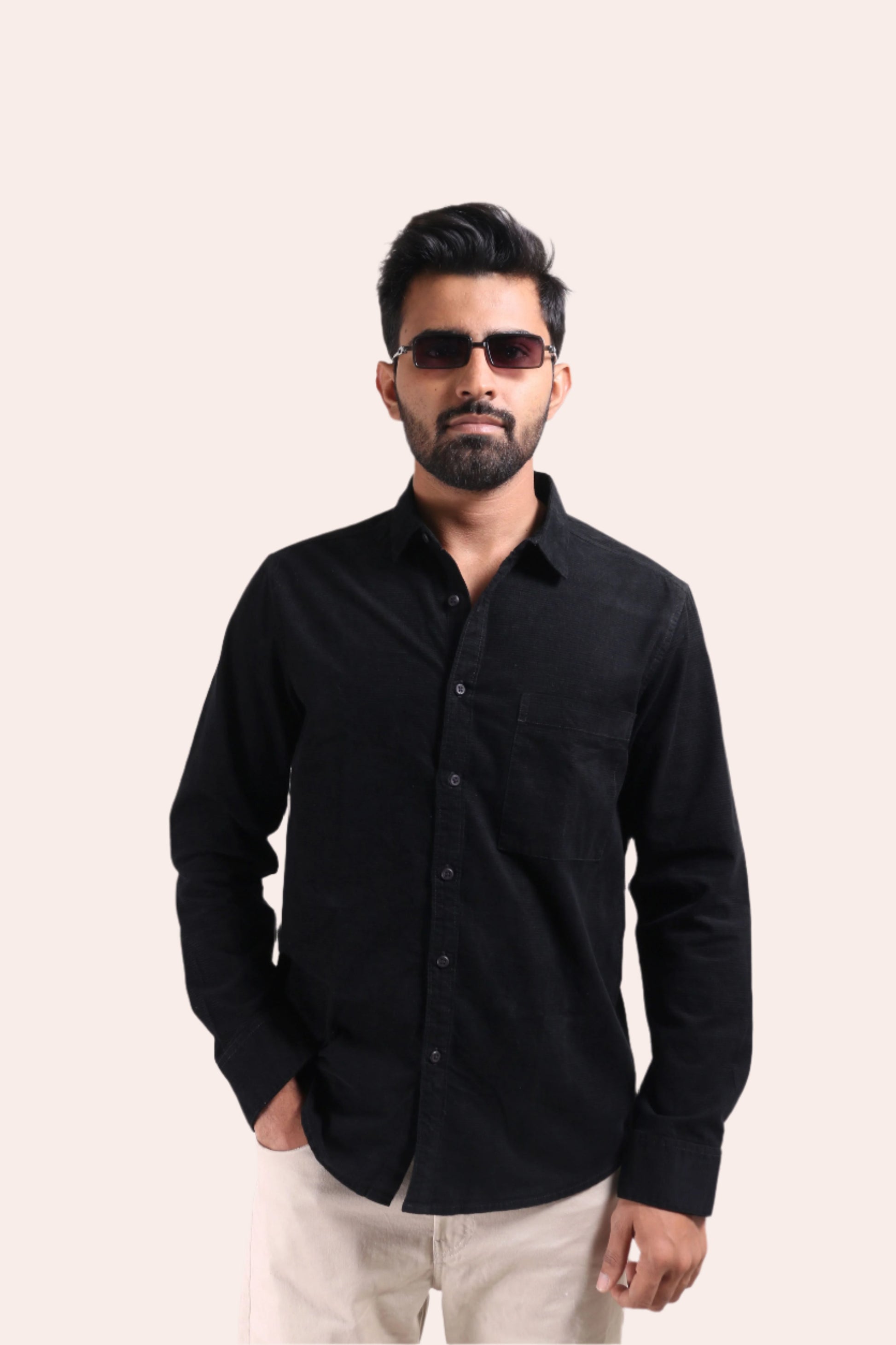 XKIND MEN'S BLACK CORDUROY REGULAR FIT SHIRT