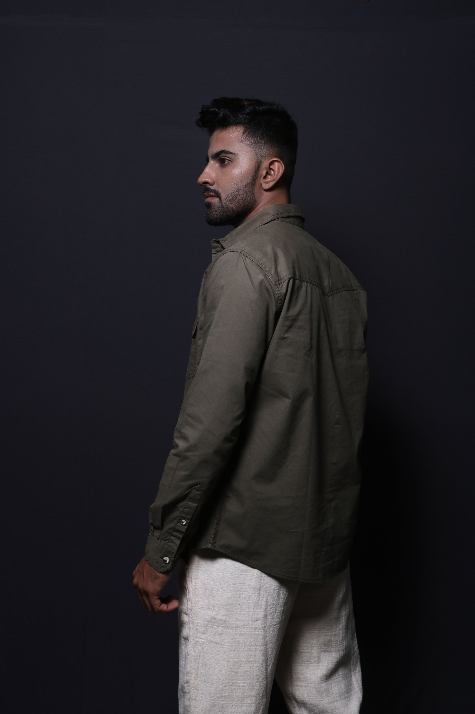 OLIVE GREEN DOUBLE POCKET REGULAR FIT SHIRT - XKIND