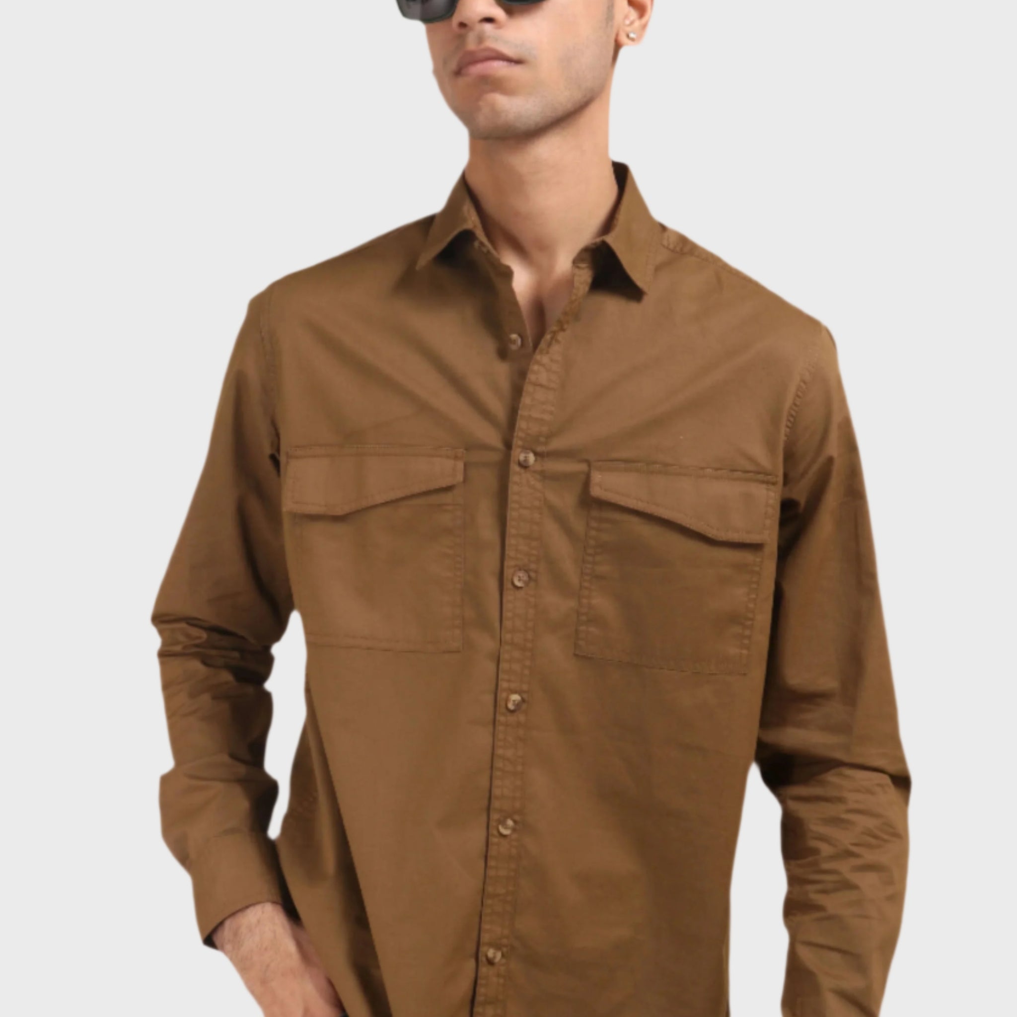 BROWN DOUBLE POCKET REGULAR FIT SHIRT - XKIND