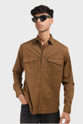 BROWN DOUBLE POCKET REGULAR FIT SHIRT - XKIND