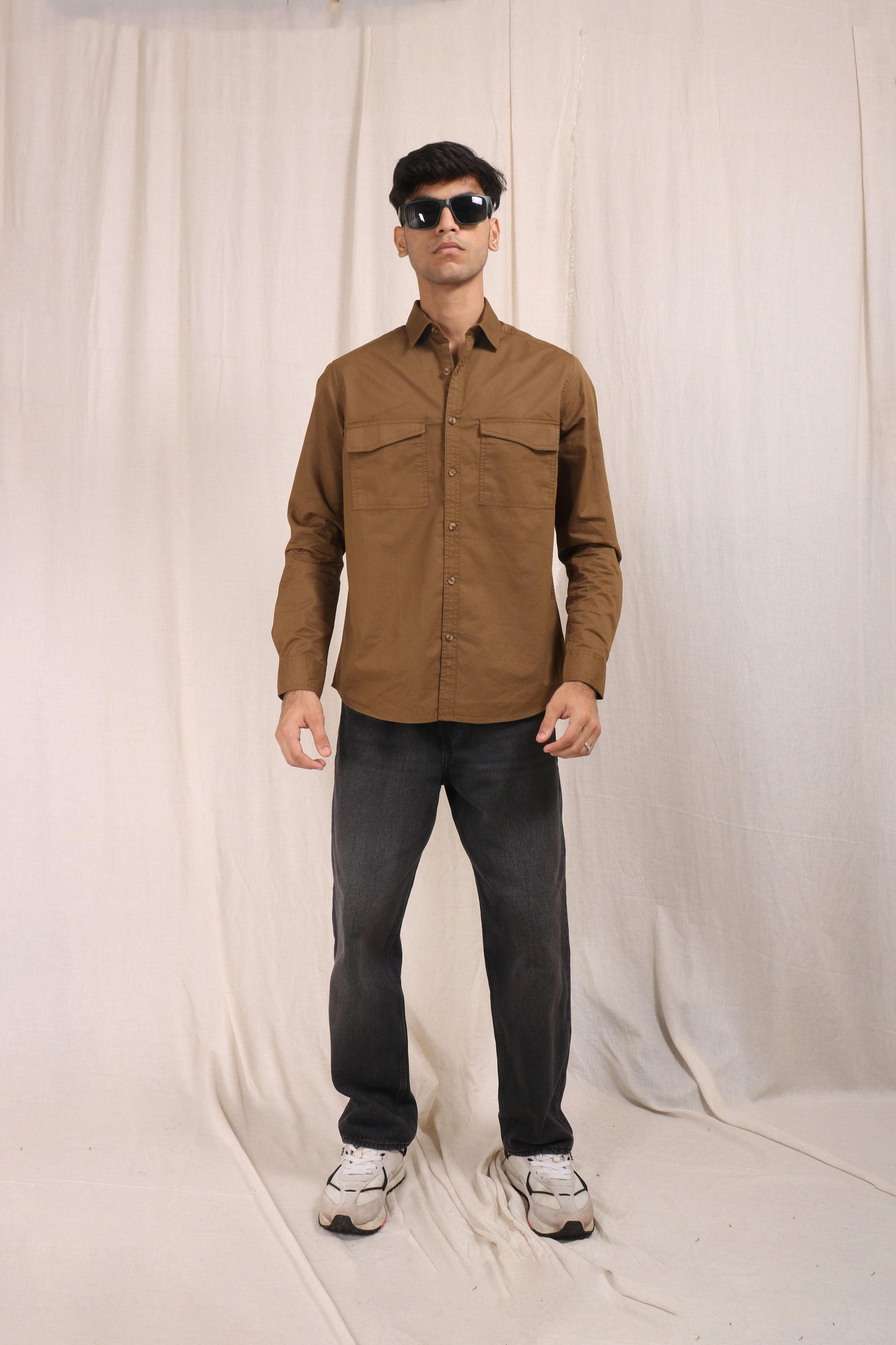 BROWN DOUBLE POCKET REGULAR FIT SHIRT - XKIND