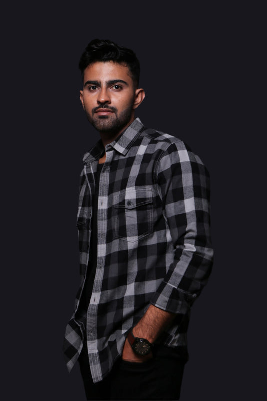 BLACK FLANNEL CHECKS REGULAR FIT SHIRT - XKIND