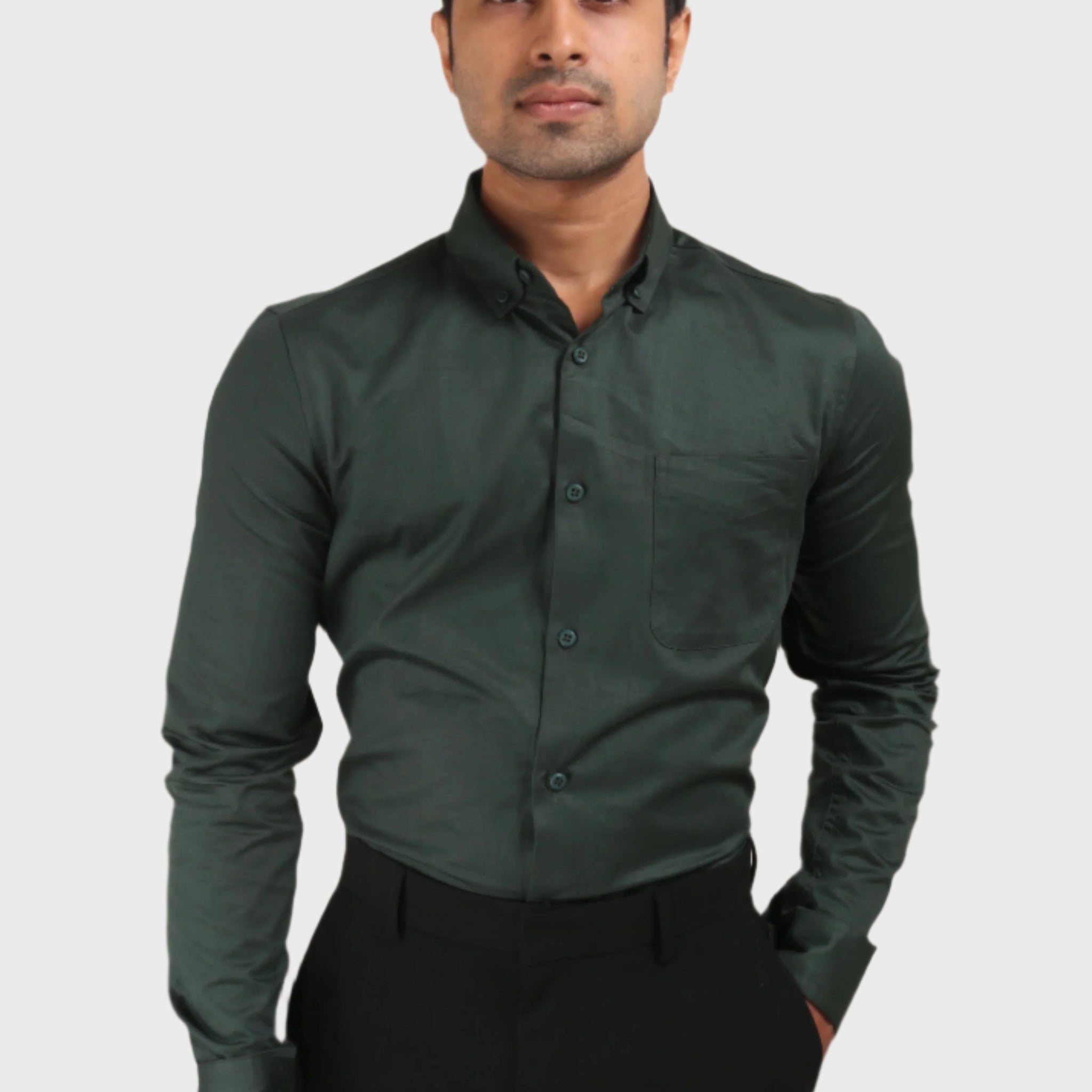 BOTTLE GREEN SATIN SLUB SLIM FIT SHIRT - XKIND