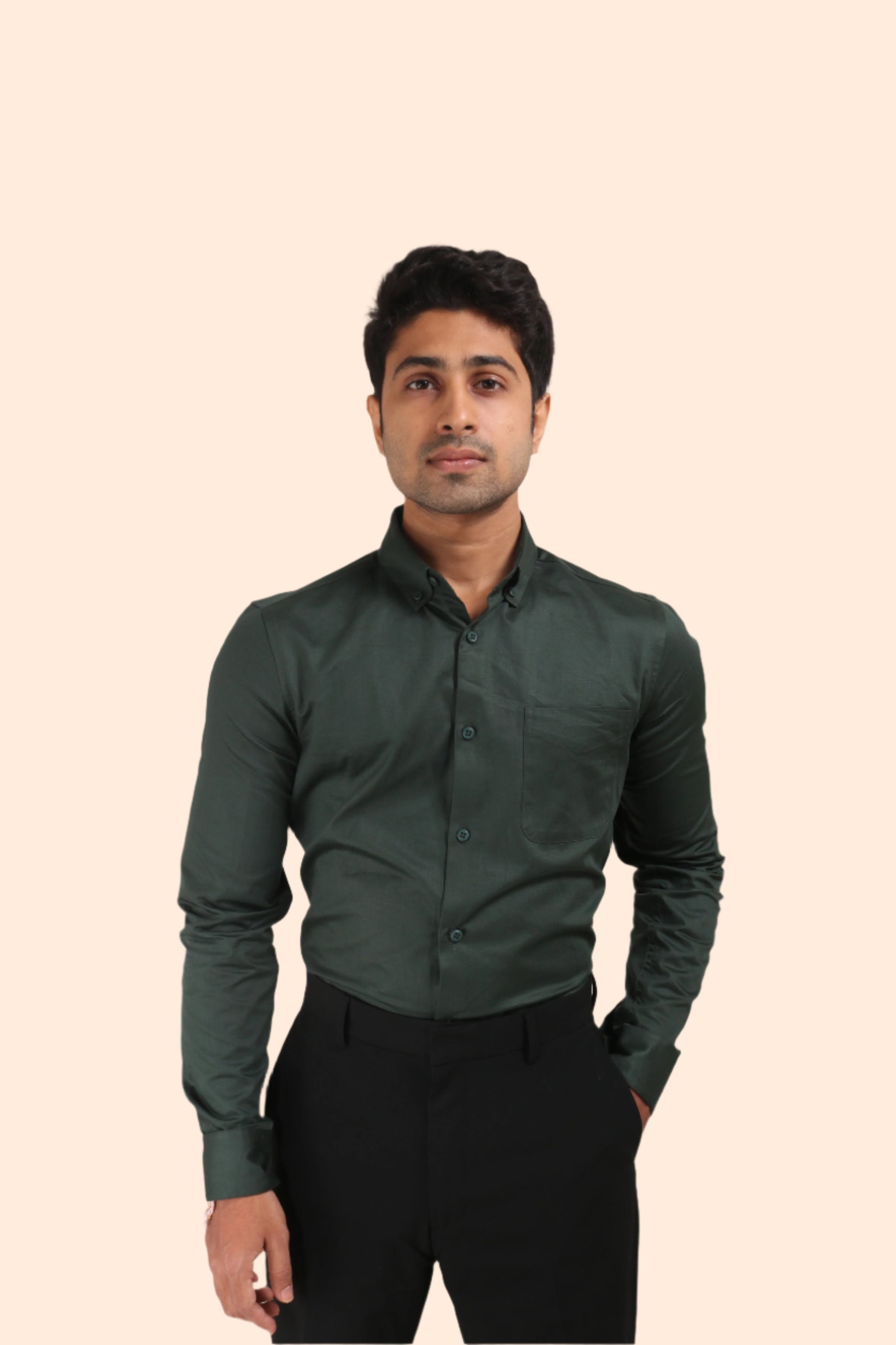 BOTTLE GREEN SATIN SLUB SLIM FIT SHIRT - XKIND