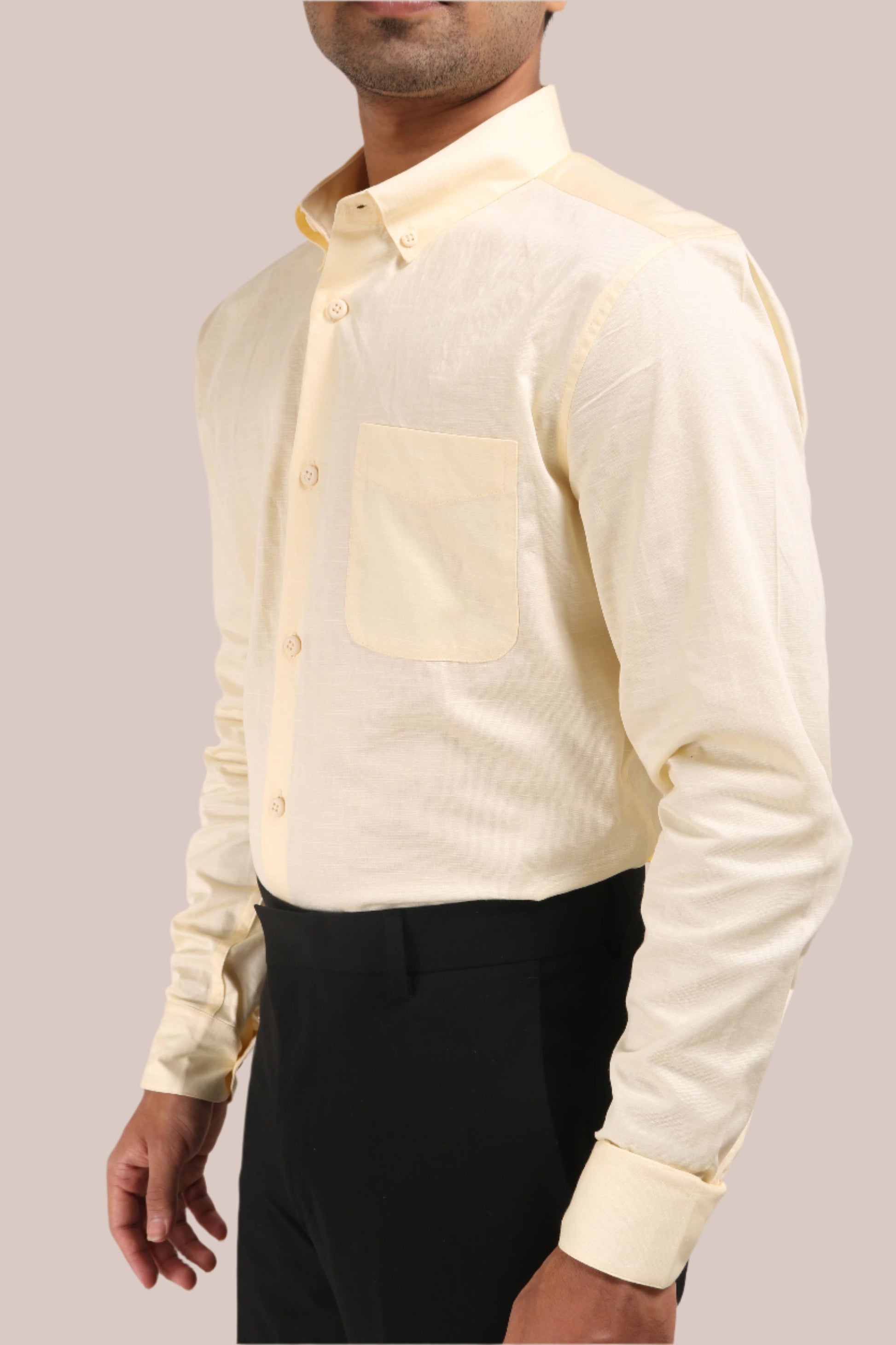 LIGHT YELLOW SATIN SLUB SLIM FIT SHIRT - XKIND