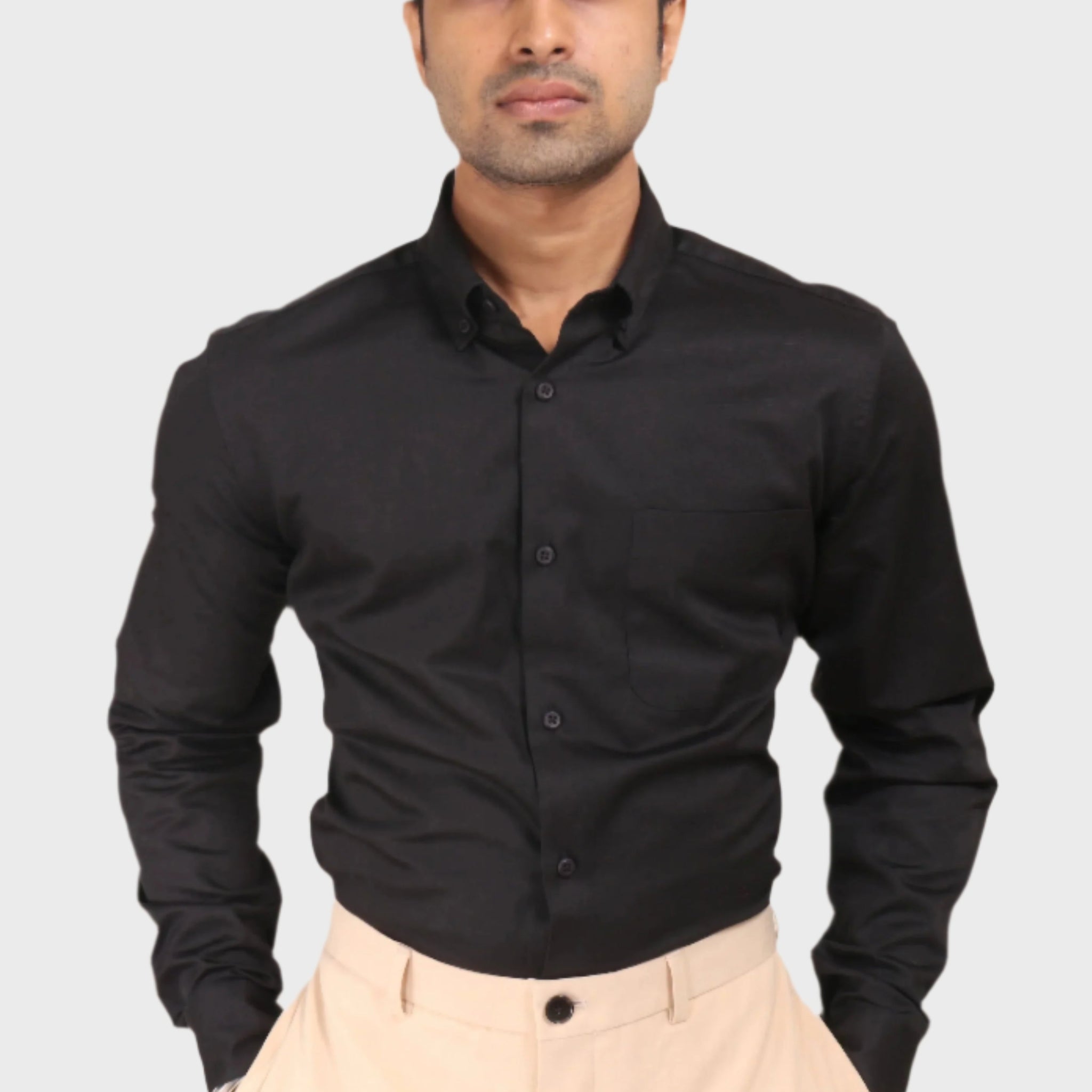 BLACK SATIN SLUB SLIM FIT SHIRT - XKIND