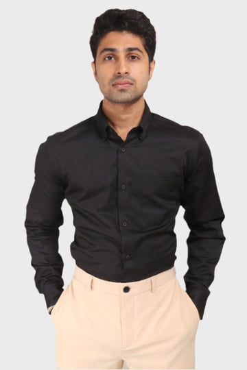 BLACK SATIN SLUB SLIM FIT SHIRT - XKIND