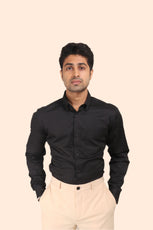 BLACK SATIN SLUB SLIM FIT SHIRT - XKIND