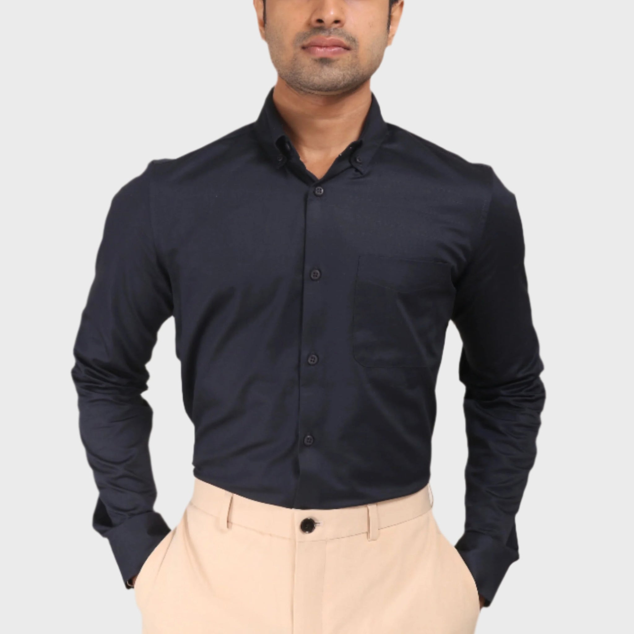 NAVY BLUE SATIN SLUB SLIM FIT SHIRT - XKIND