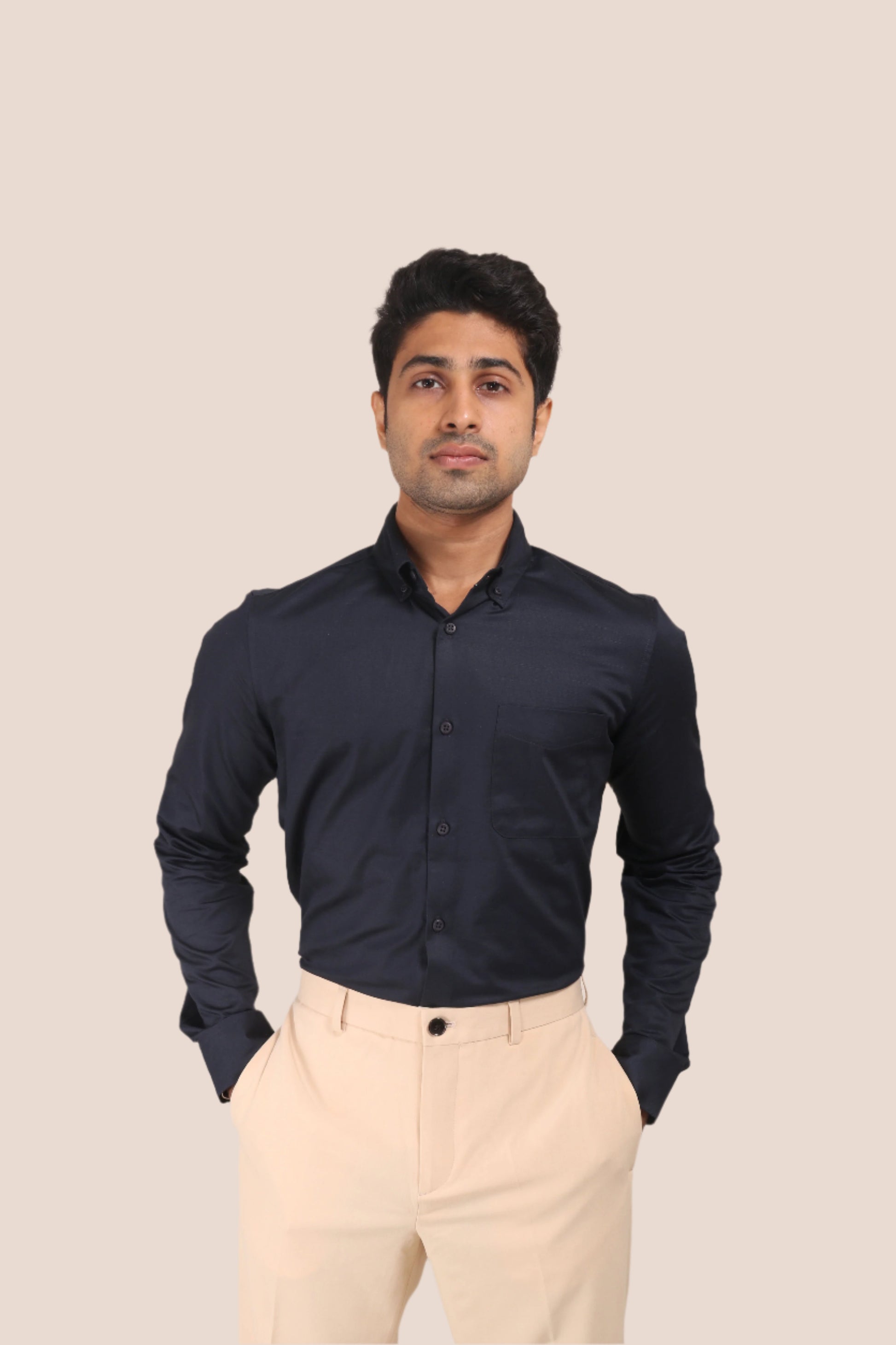 NAVY BLUE SATIN SLUB SLIM FIT SHIRT - XKIND