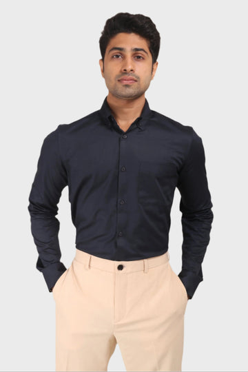 NAVY BLUE SATIN SLUB SLIM FIT SHIRT - XKIND