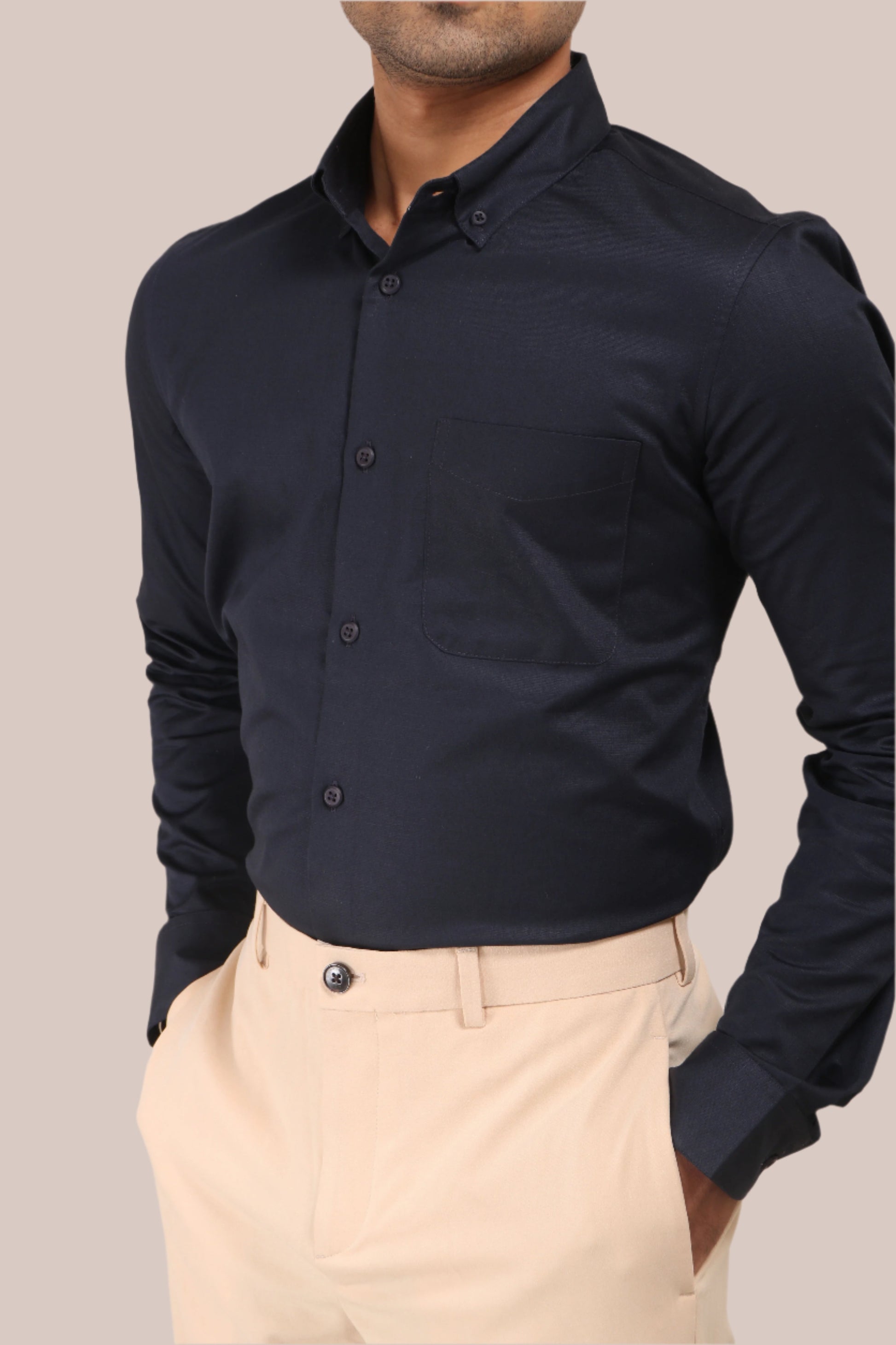 NAVY BLUE SATIN SLUB SLIM FIT SHIRT - XKIND