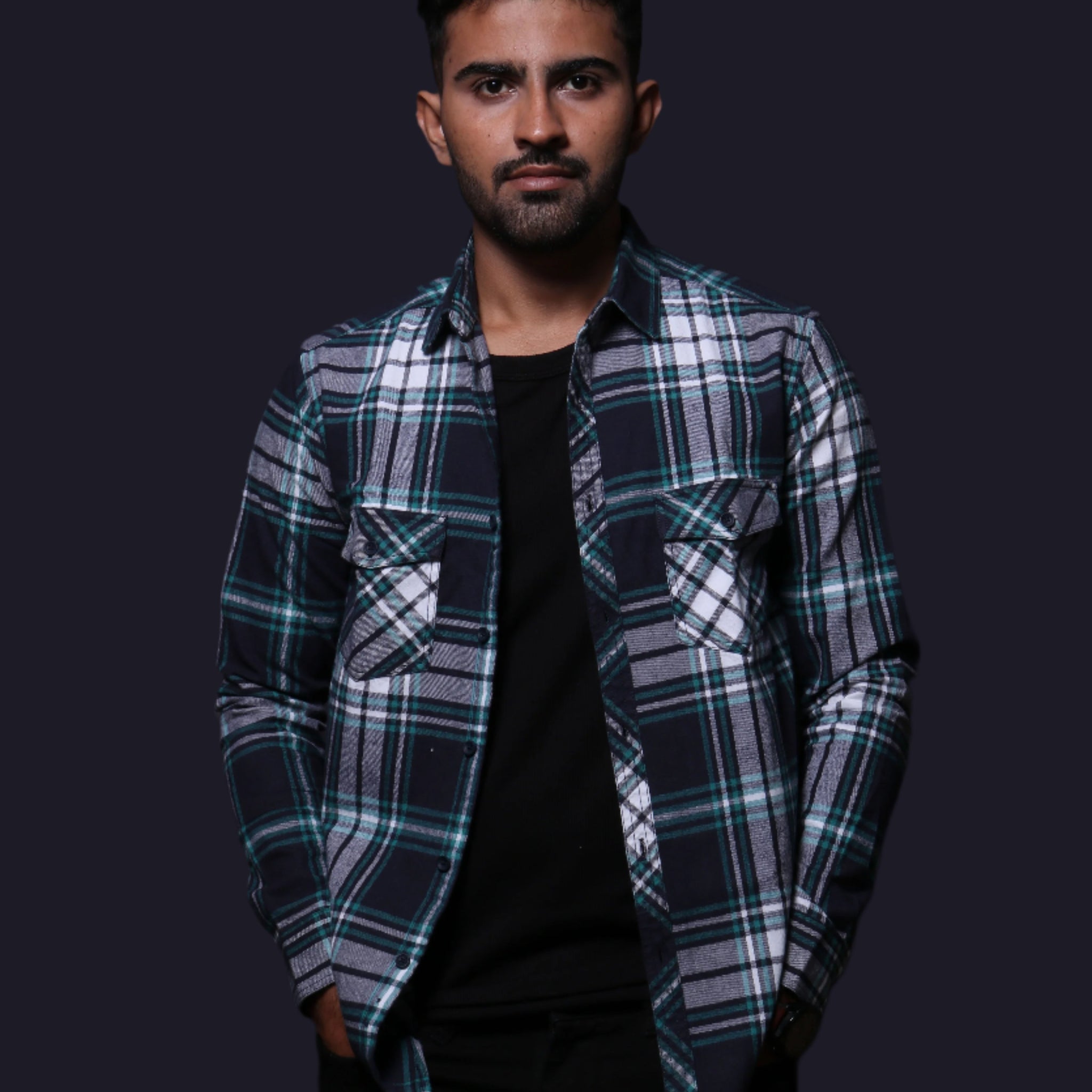 NAVY BLUE FLANNEL CHECKS REGULAR FIT SHIRT - XKIND