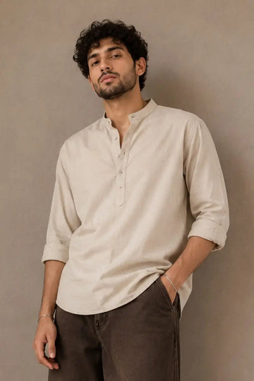 Beige Mandarin Polo Shirt Relaxed Fit - XKIND