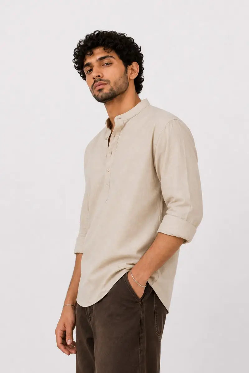 Beige Mandarin Polo Shirt Relaxed Fit - XKIND