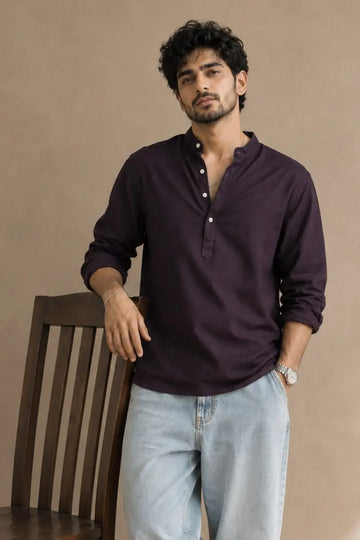 Dark Purple Mandarin Polo Shirt Relaxed Fit - XKIND