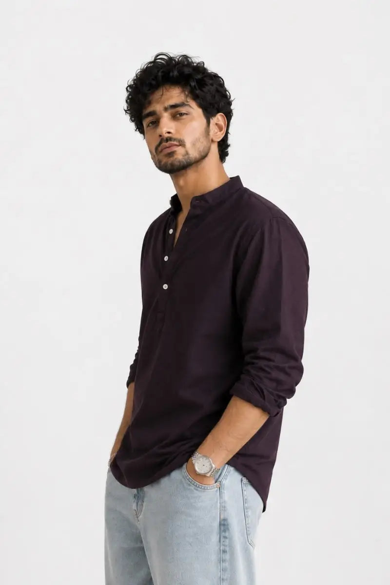 Dark Purple Mandarin Polo Shirt Relaxed Fit - XKIND