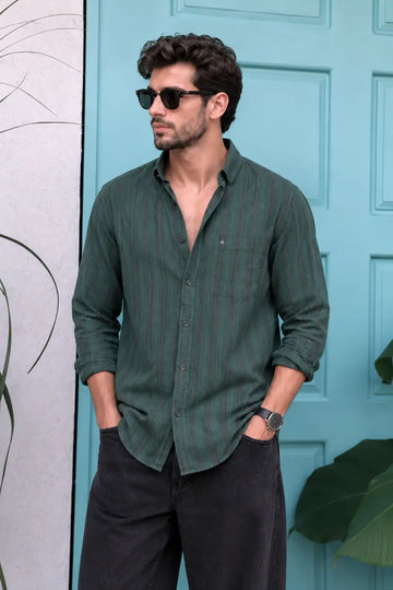XKIND'S REGULAR FIT DARK GREEN STRIPE SHIRT