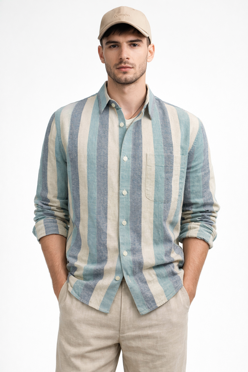 BEIGE STRIPE REGULAR FIT CASUAL SHIRT