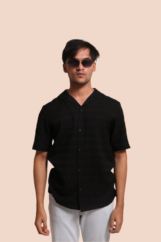 BLACK HORIZONTAL PLEATED STRIPES RELAXED FIT SHIRT - XKIND