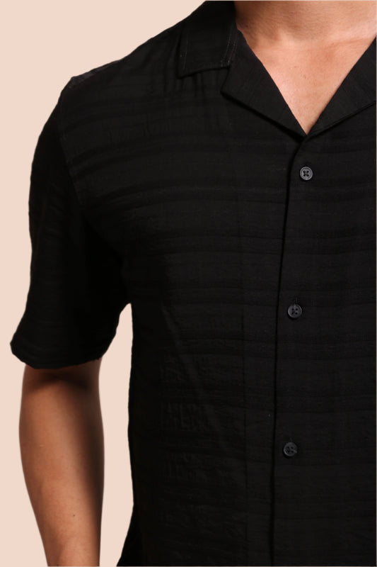 BLACK HORIZONTAL PLEATED STRIPES RELAXED FIT SHIRT - XKIND