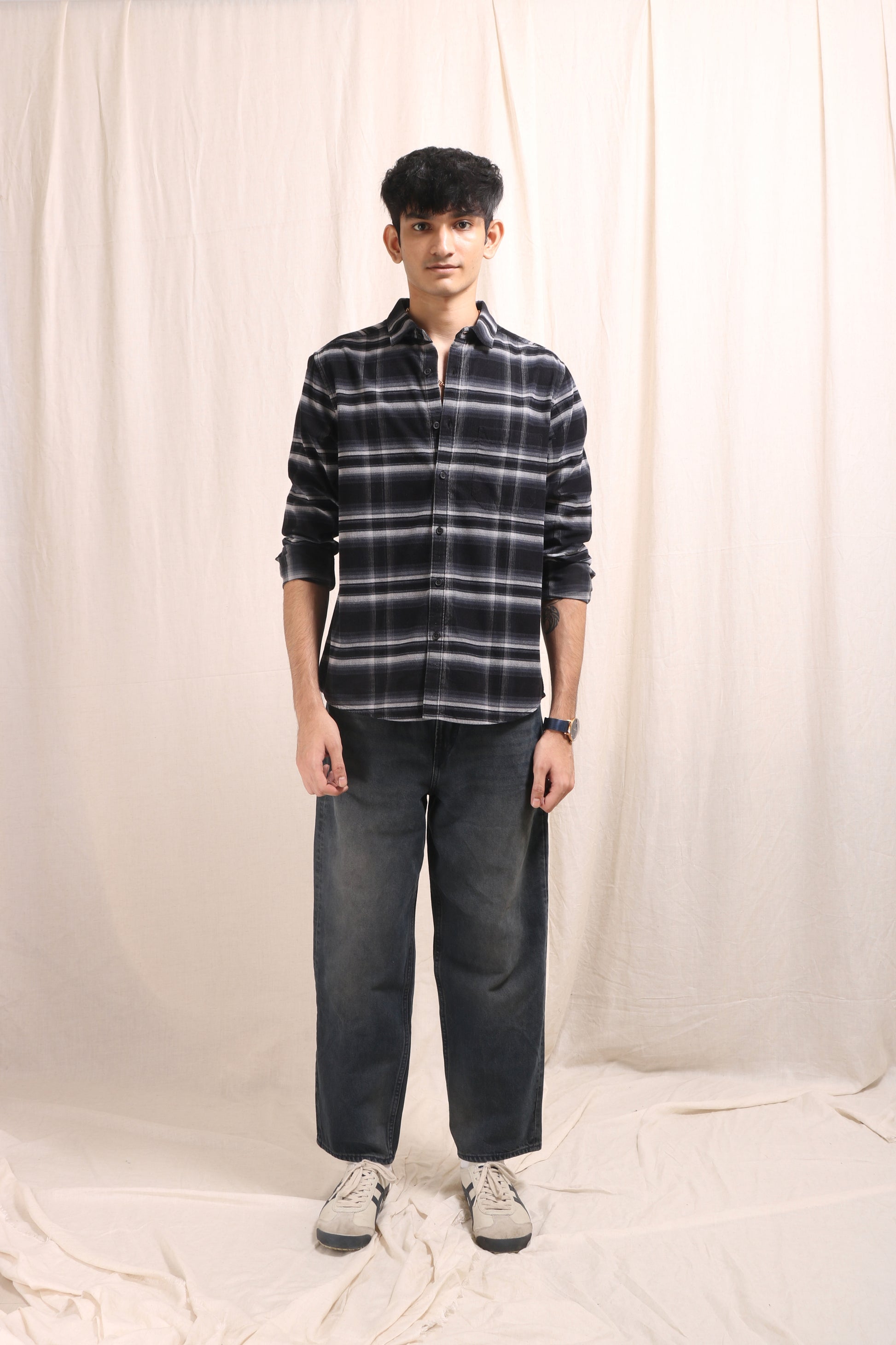 XKIND BLACK FINE CORDUROY CHECKS REGULAR FIT SHIRT - XKIND