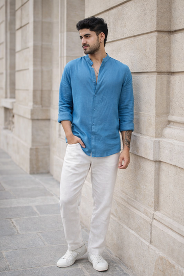 STEEL BLUE LINEN BLEND MANDARIN COLLAR SHIRT