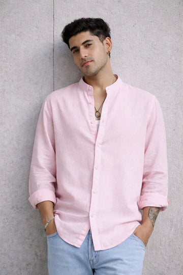 SOFT PINK LINEN BLEND MANDARIN COLLAR SHIRT