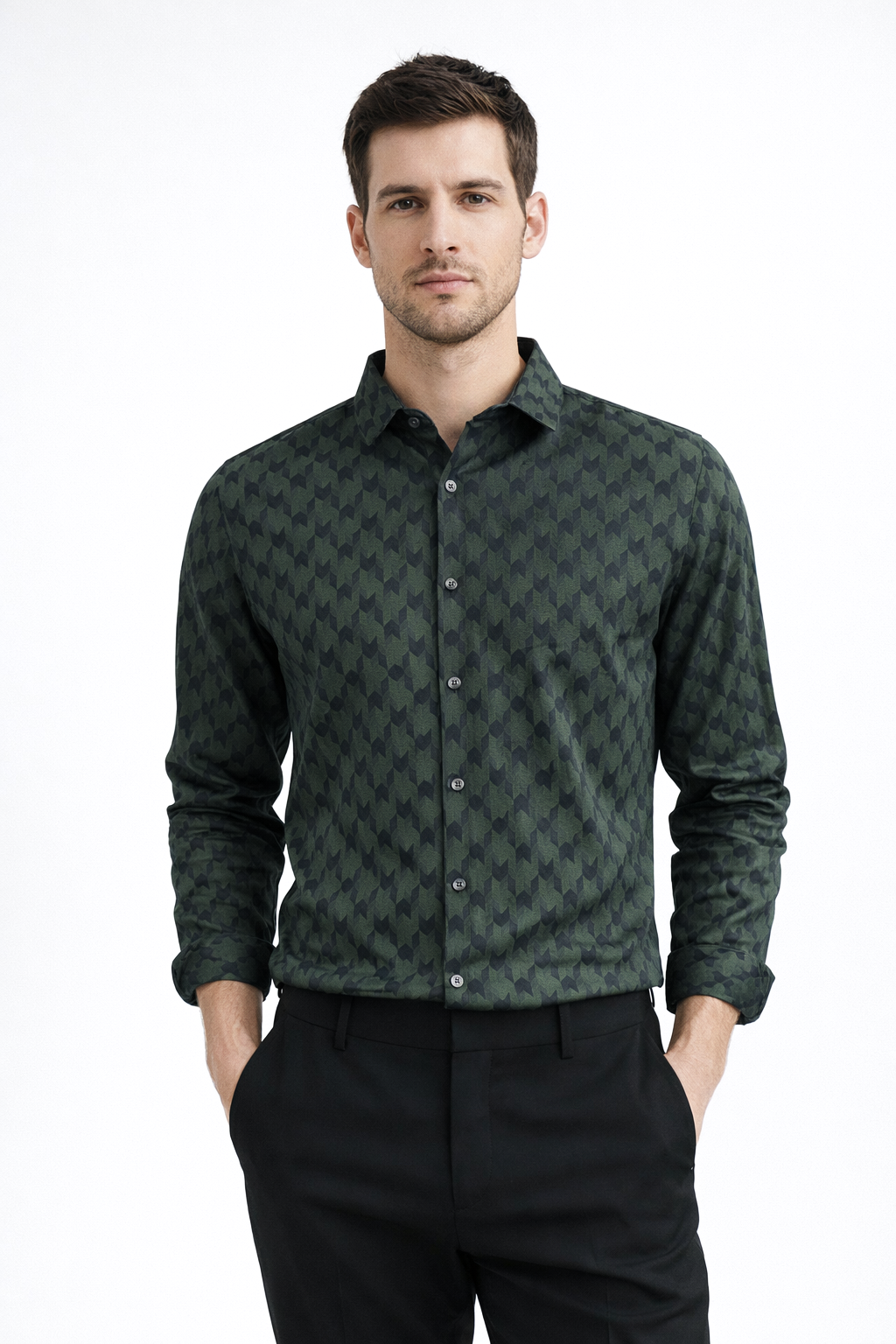 JONESBURG GREEN JACQUARD SLIM FIT FORMAL SHIRT