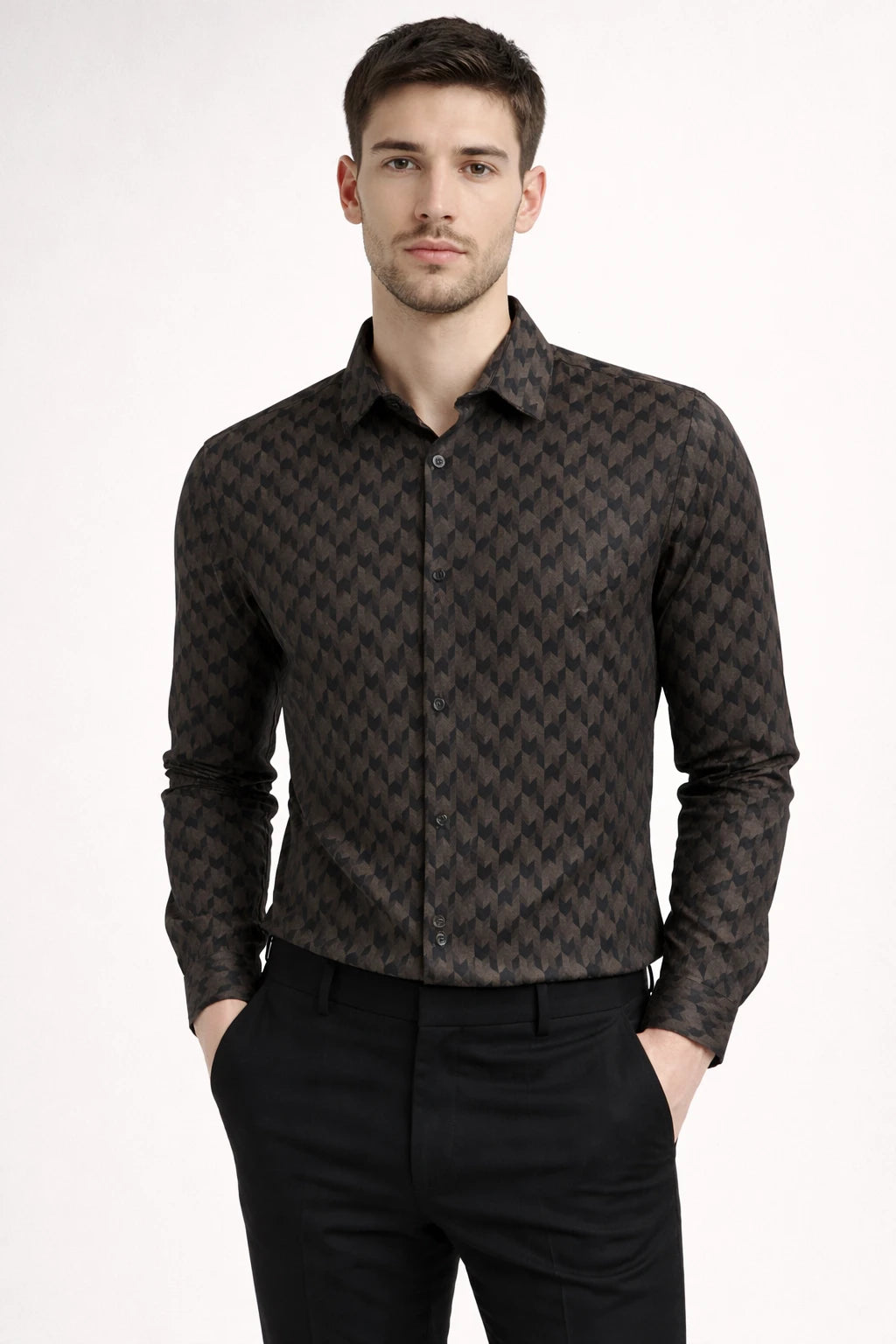 JONESBURG BROWN JACQUARD SLIM FIT FORMAL SHIRT