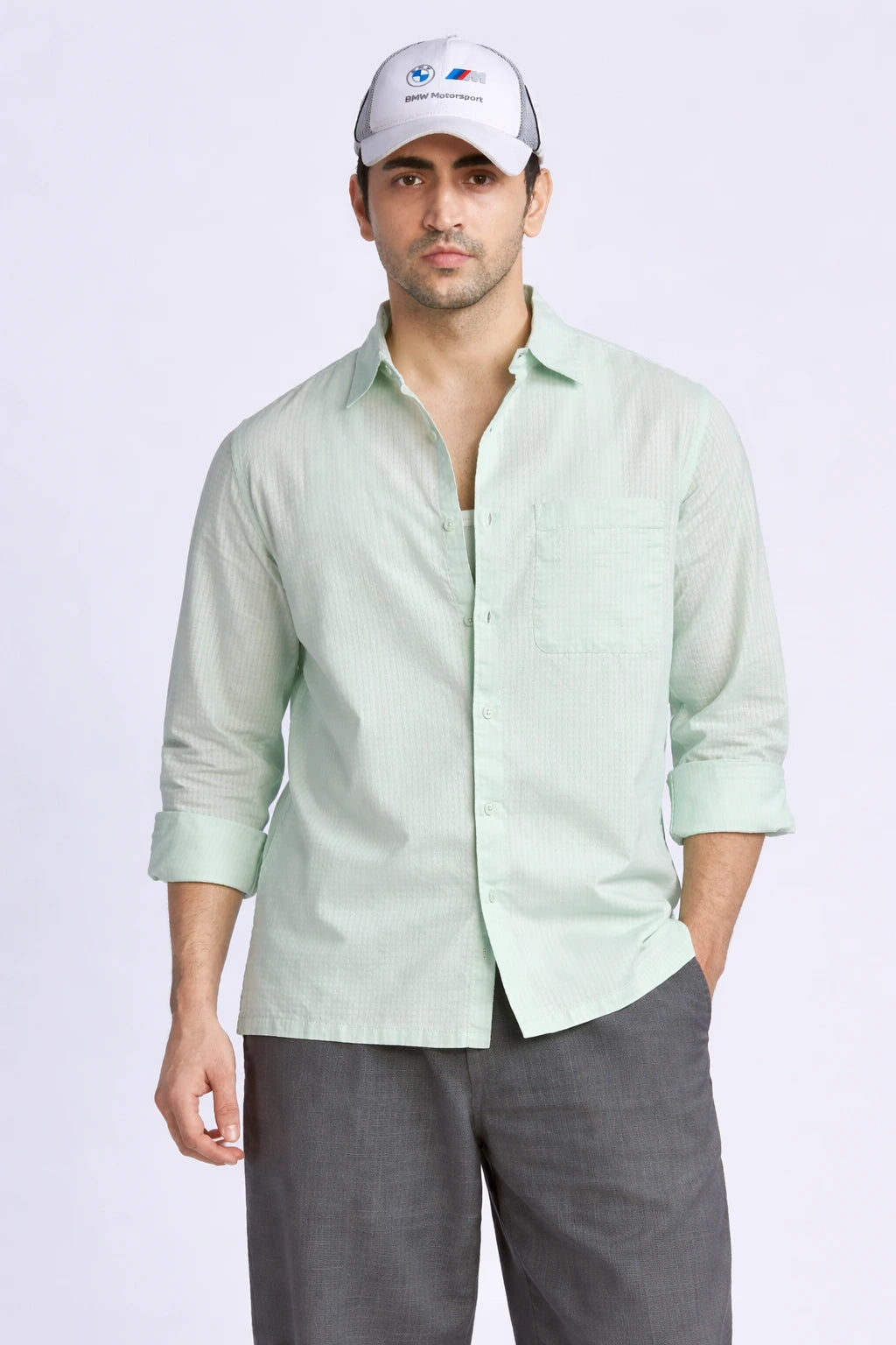 LIGHT GREEEN CROPPED FIT COTTON CHECK SHIRT