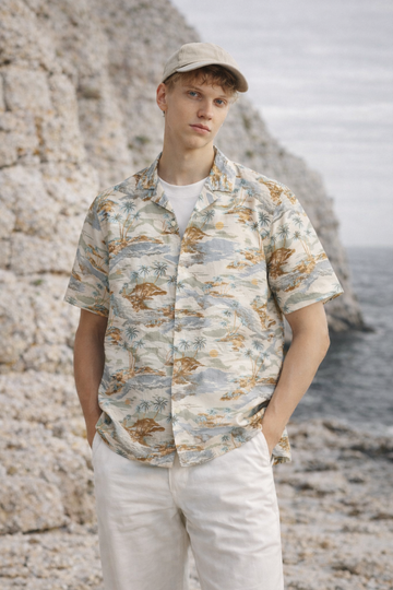 LIGHT GREEN LINEN PRINTED RELAXED FIT SHIRT